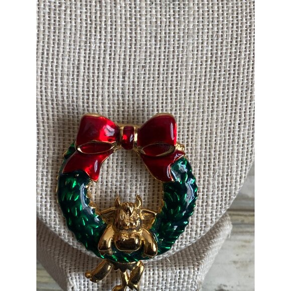 Vintage LIA by Lianna Christmas Wreath Cat Brooch Enamel Gold Holiday Pin - Picture 5 of 8